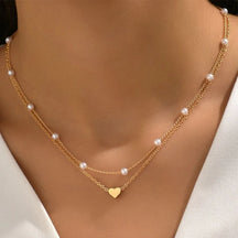 Set de Collares Perla y Corazón Chapado en Oro