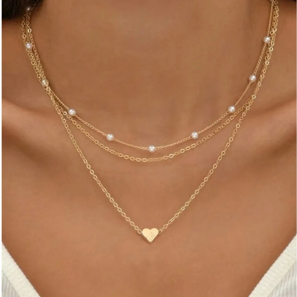 Set de Collares Perla y Corazón Chapado en Oro